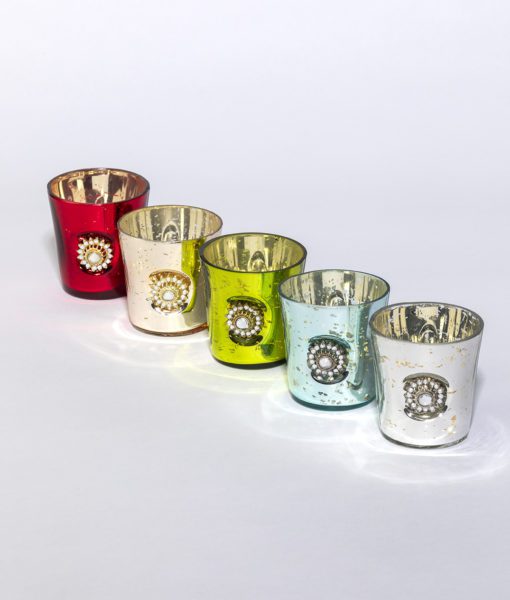 Mercury glass candle holer with jewel embellisment is elegant and timeless