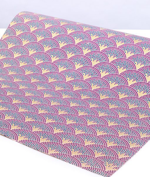 Handmade gift wrap scallop mosiac purple is a lively geometric print.