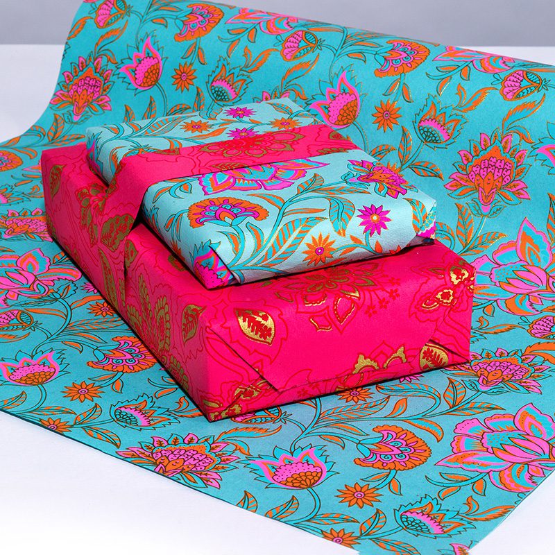 Red and Teal Floral Pattern Wrapping Paper